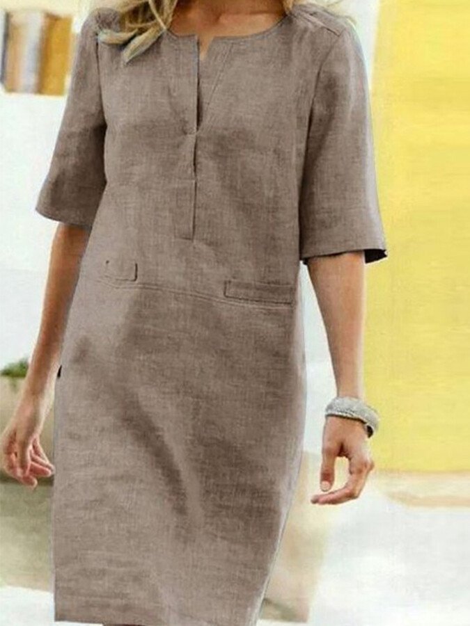Anna | Dames Shift Jurk V-hals Halve Mouw Zakken Midi 3
