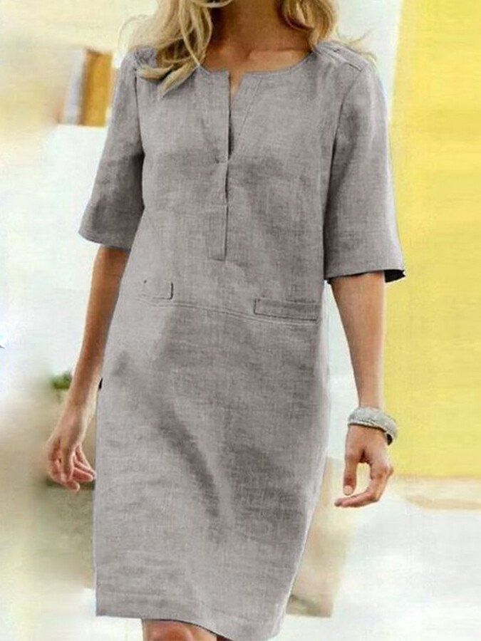 Anna | Dames Shift Jurk V-hals Halve Mouw Zakken Midi 5