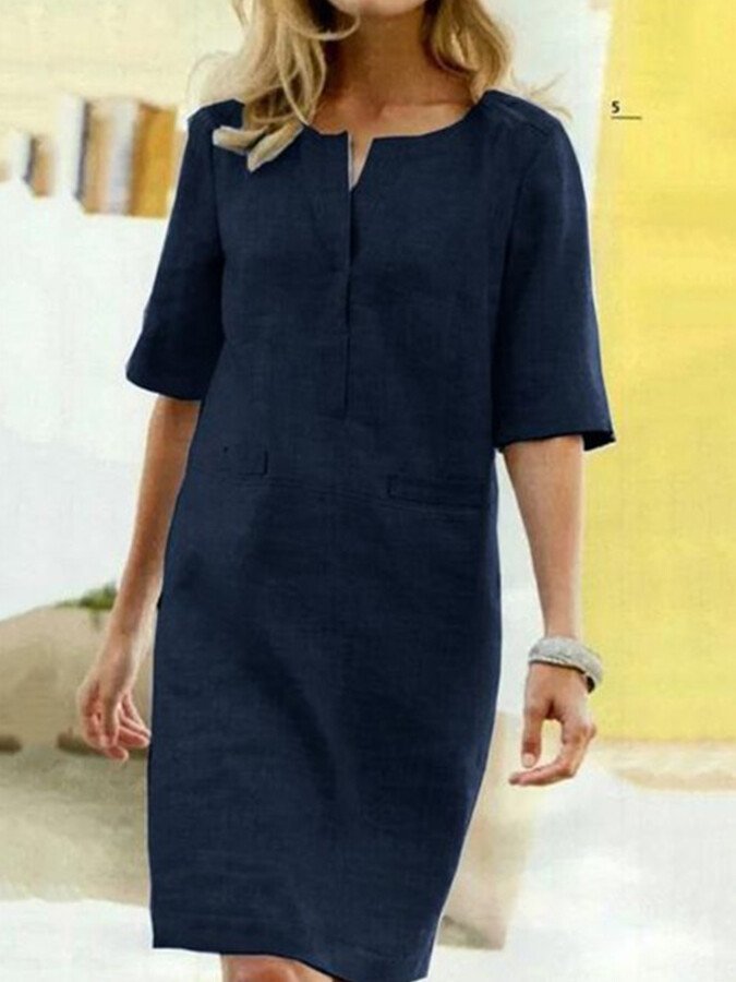 Anna | Dames Shift Jurk V-hals Halve Mouw Zakken Midi 7