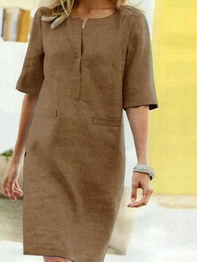 Anna | Dames Shift Jurk V-hals Halve Mouw Zakken Midi 9