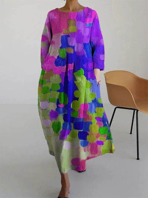 Daubra | Dames Abstracte Print Lange Mouw Maxi Jurk