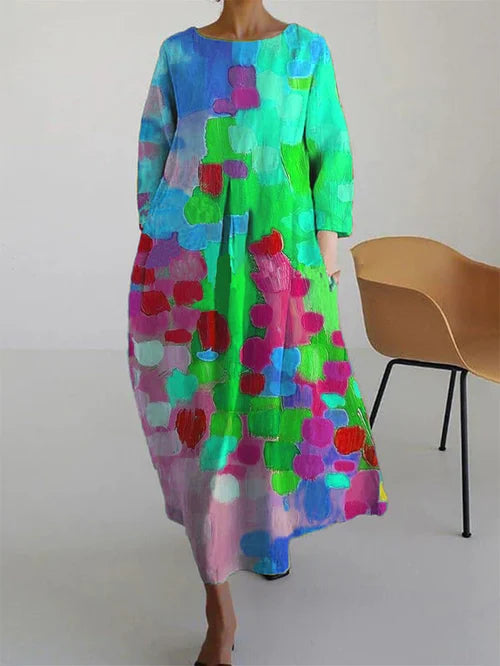 Daubra | Dames Abstracte Print Lange Mouw Maxi Jurk
