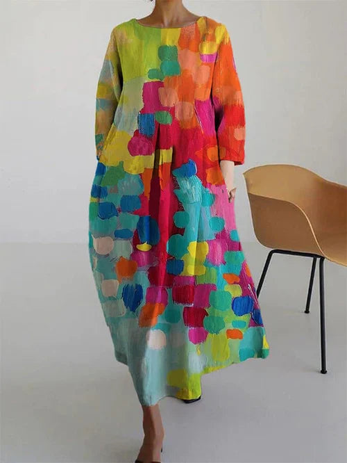 Daubra | Dames Abstracte Print Lange Mouw Maxi Jurk