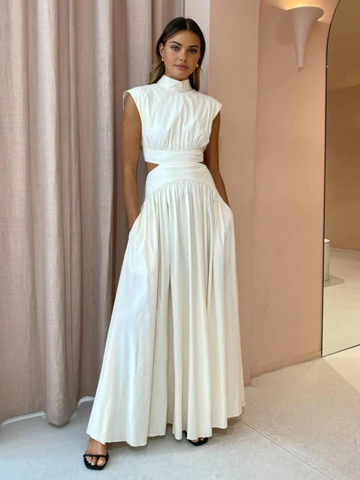 Davera | Dames Maxi Jurk Hoge Hals Cut-Out Taille Ivoor Geplooide 3