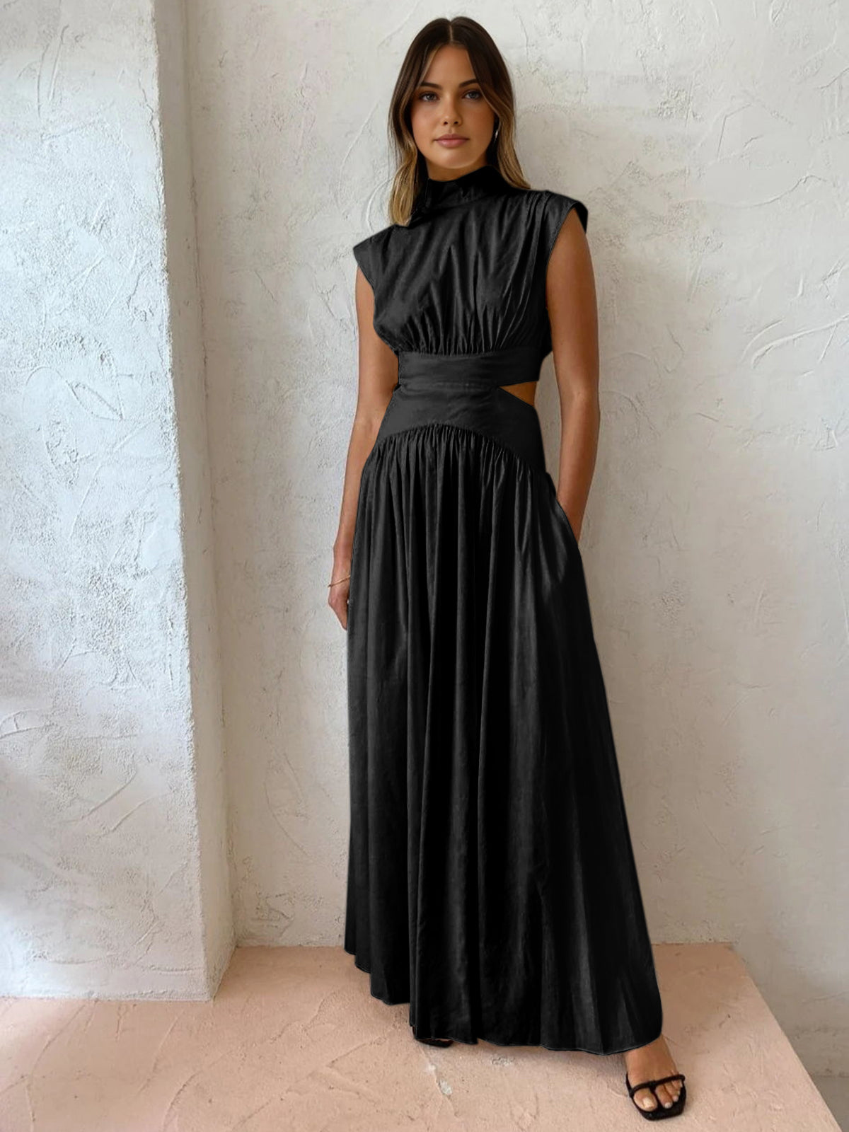 Davera | Dames Maxi Jurk Hoge Hals Cut-Out Taille Ivoor Geplooide 6