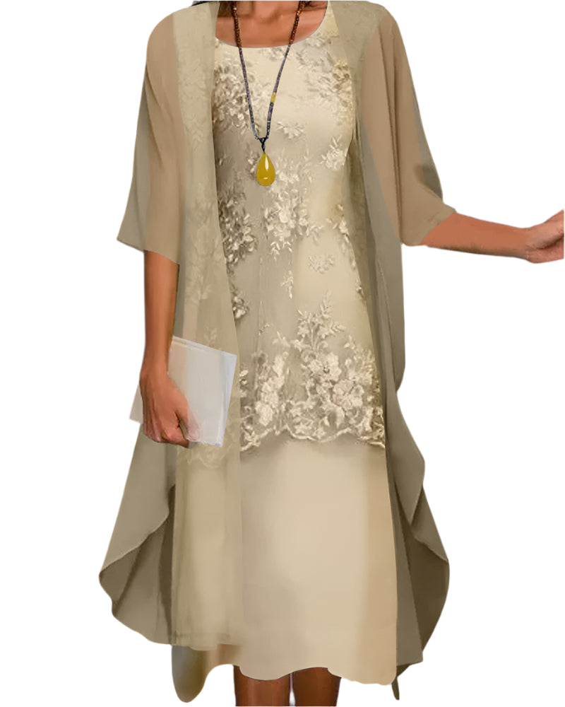 Delyra | Dames Midi Jurk Twee Delige Set Met Vest Bloemenprint