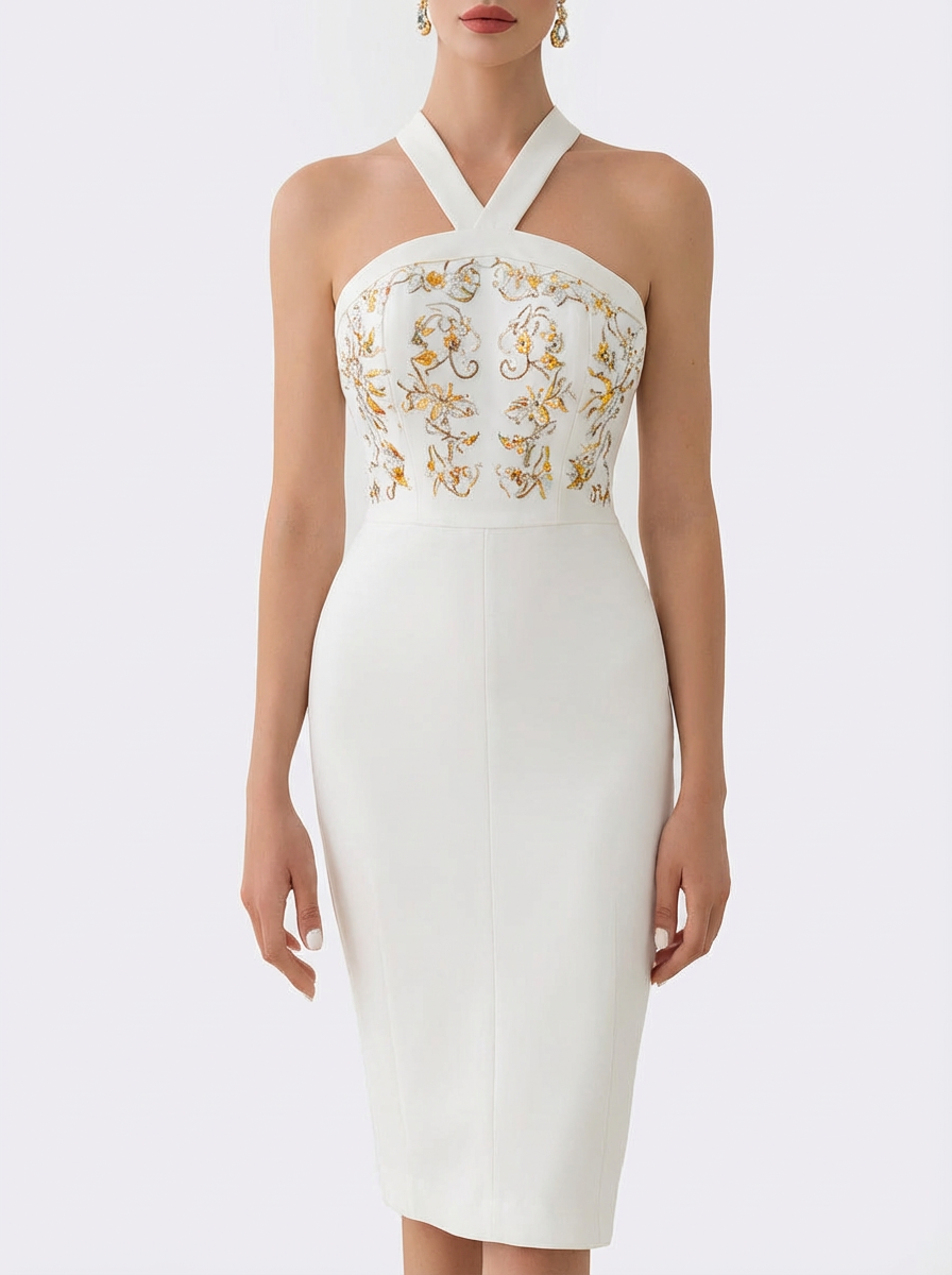 Diana | Dames Bodycon Jurk Halternek Geborduurd Midi Wit 2