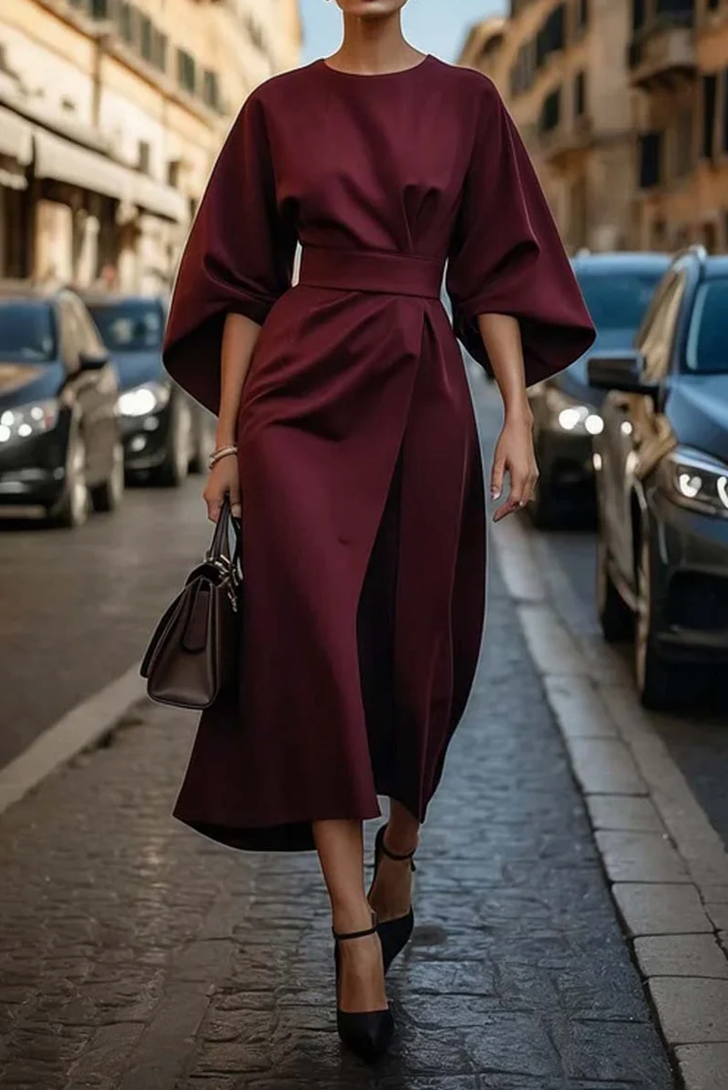 Diana | Dames Midi Jurk Lantaarnmouw Getailleerde Riem 13