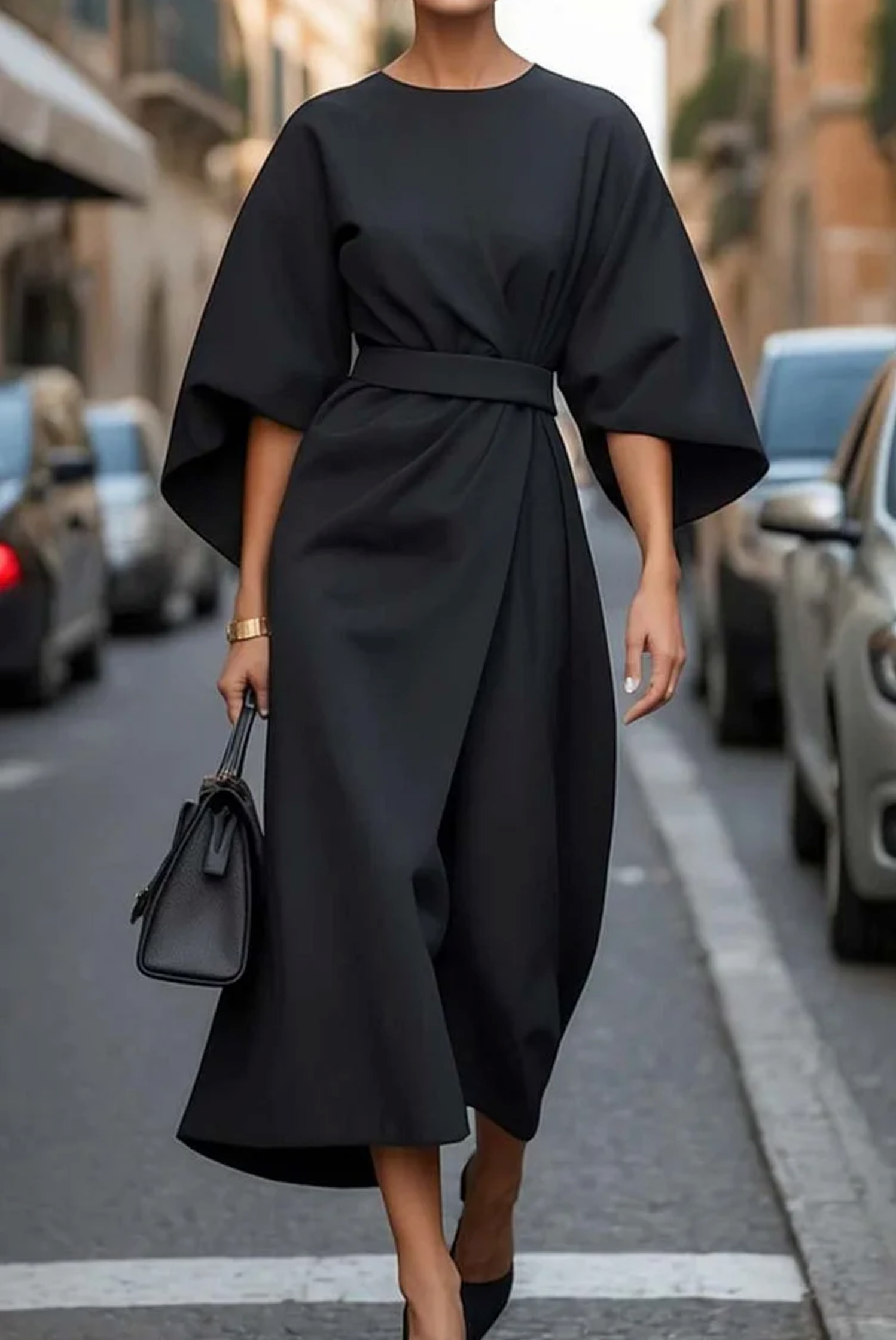 Diana | Dames Midi Jurk Lantaarnmouw Getailleerde Riem 5
