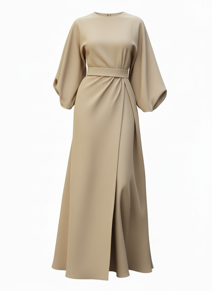 Diana | Dames Midi Jurk Lantaarnmouw Getailleerde Riem 8