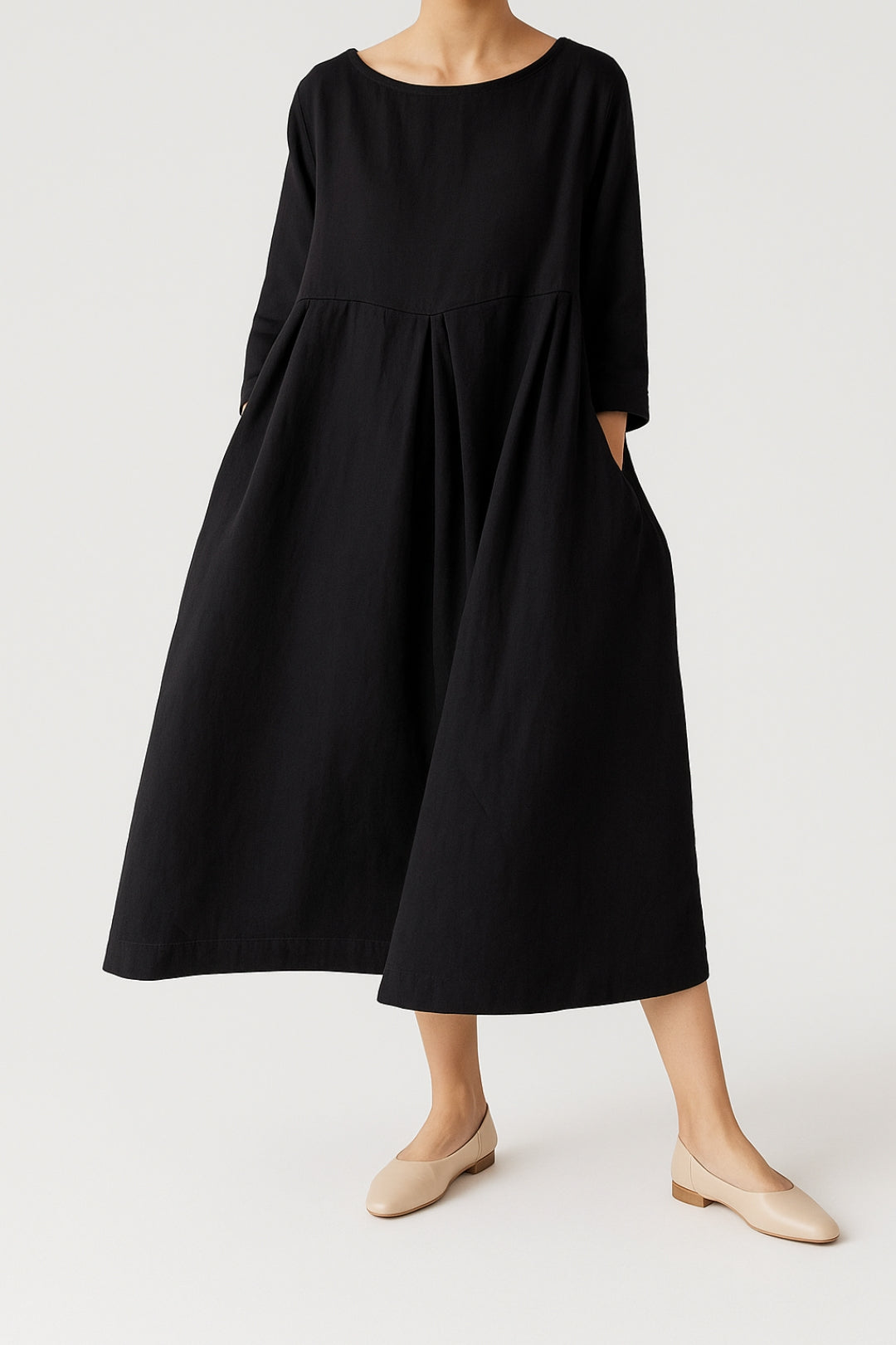 Donavi | Dames Midi Jurk met Plooien en Relaxed Fit