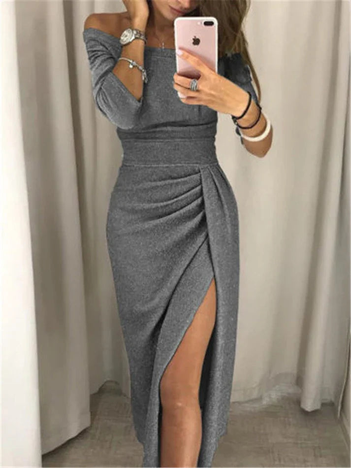 Donna | Dames Bodycon Midi Jurk Off Shoulder Gerimpeld Split 7