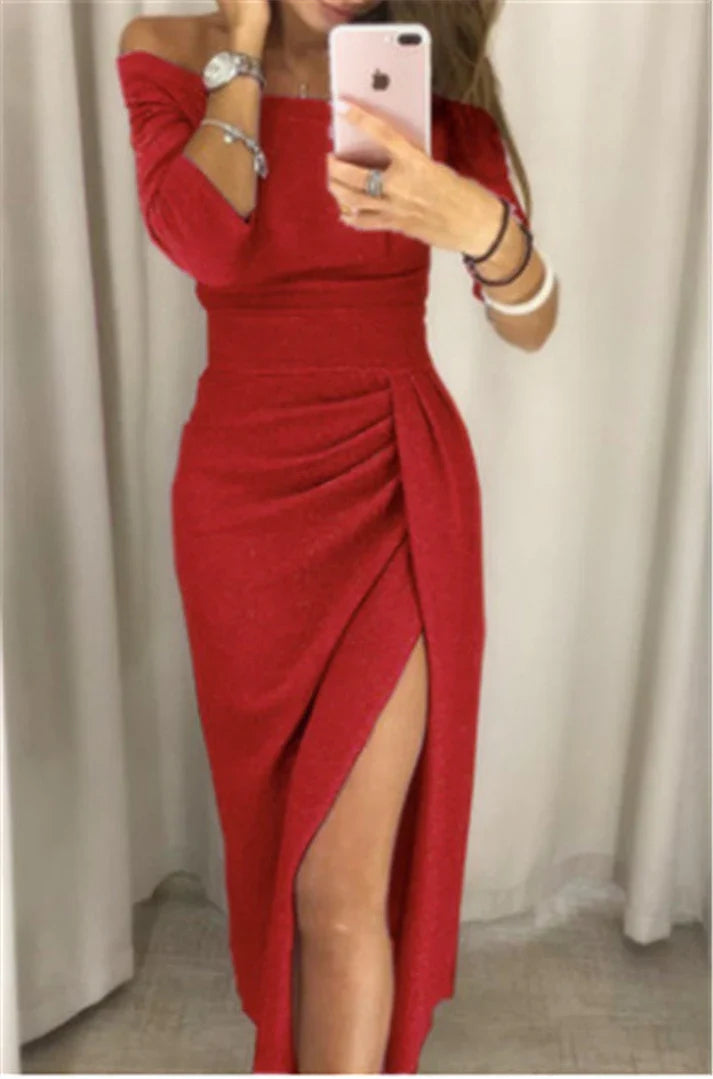Donna | Dames Bodycon Midi Jurk Off Shoulder Gerimpeld Split 9