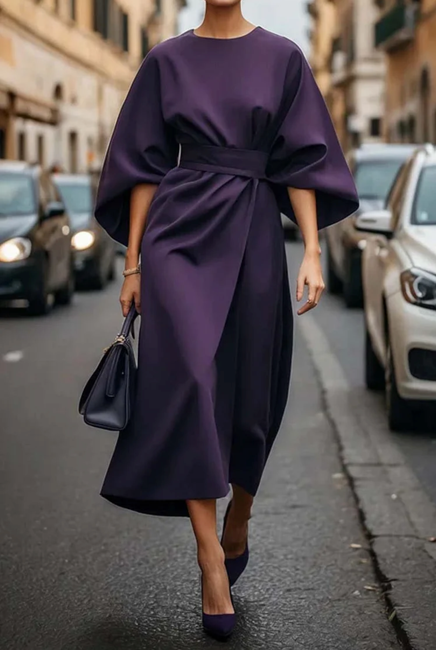 Draveen | Dames Ronde Hals Wikkel Elegant Midi Jurk