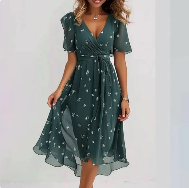 Drevana | Dames V-Hals Bloemen Wikkel Elegant Midi Jurk