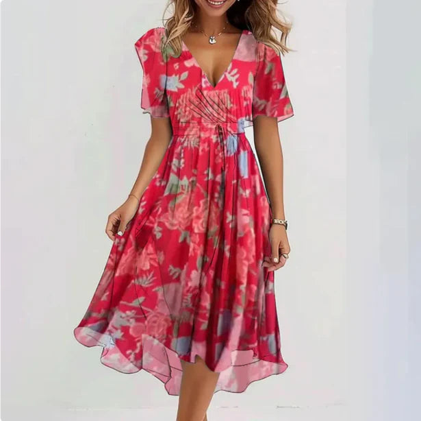 Drevana | Dames V-Hals Bloemen Wikkel Elegant Midi Jurk