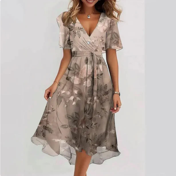 Drevana | Dames V-Hals Bloemen Wikkel Elegant Midi Jurk
