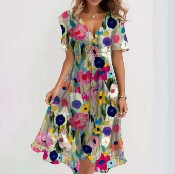 Drevana | Dames V-Hals Bloemen Wikkel Elegant Midi Jurk