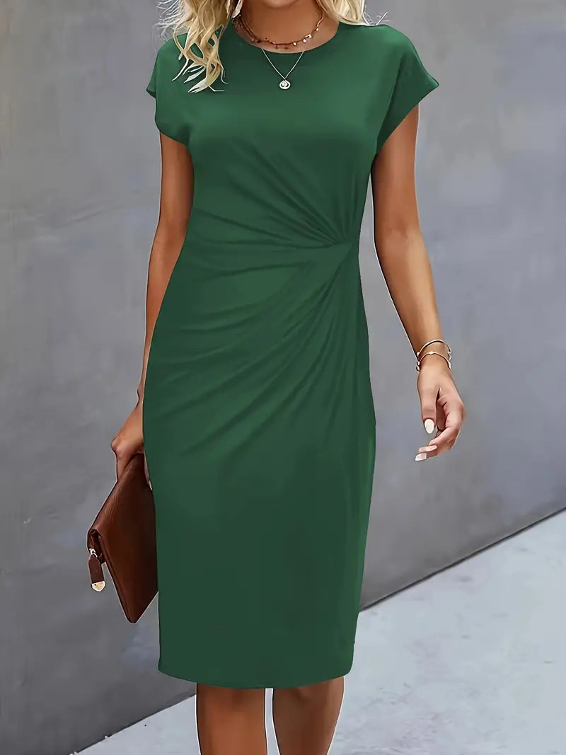 Drisella | Dames Ronde Hals Geplooide Elegant Midi Jurk