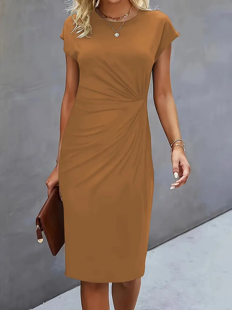 Drisella | Dames Ronde Hals Geplooide Elegant Midi Jurk