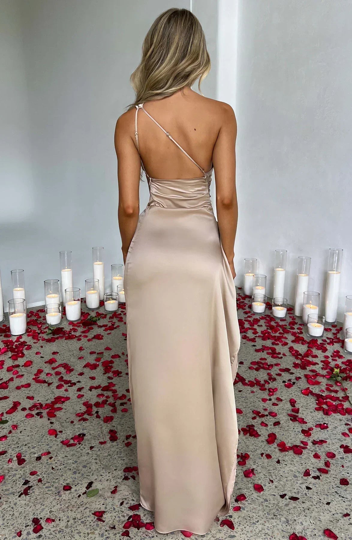 Eva | Dames Satijnen Maxi Jurk One Shoulder Split 5