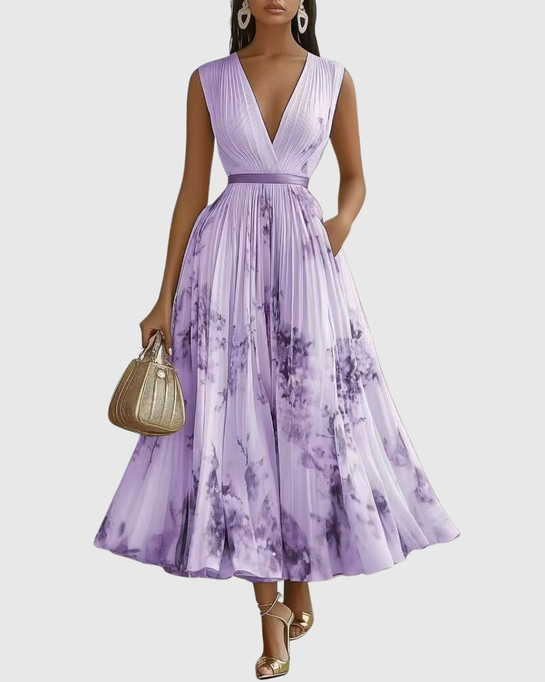 Florelle | Dames Geplooide Midi Jurk Bloemenprint V-Hals