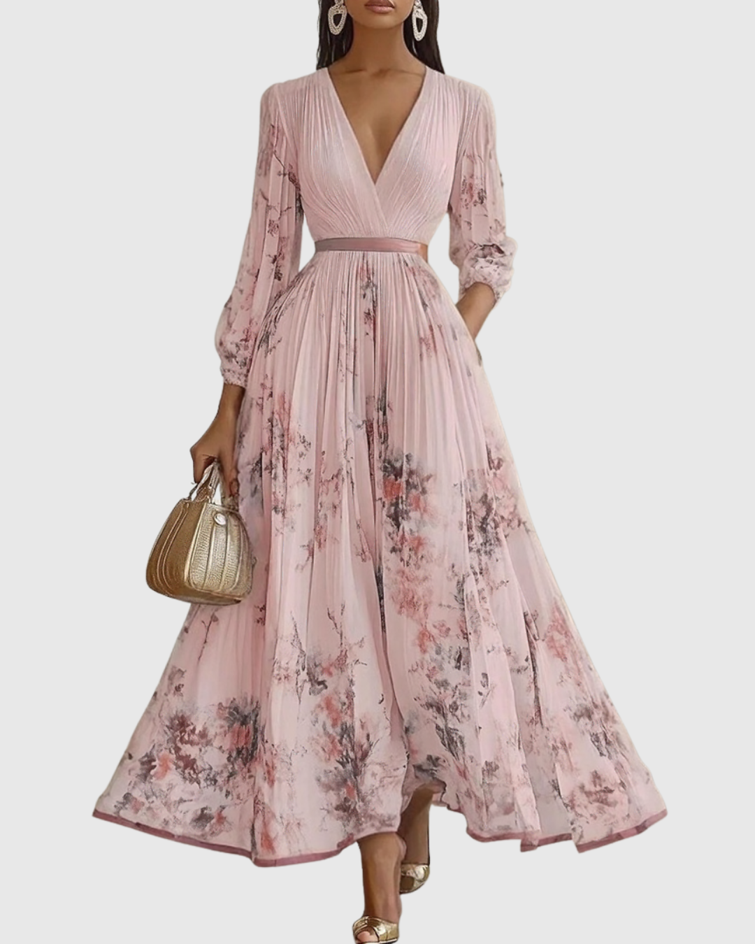 Florelle | Dames Geplooide Midi Jurk Bloemenprint V-Hals