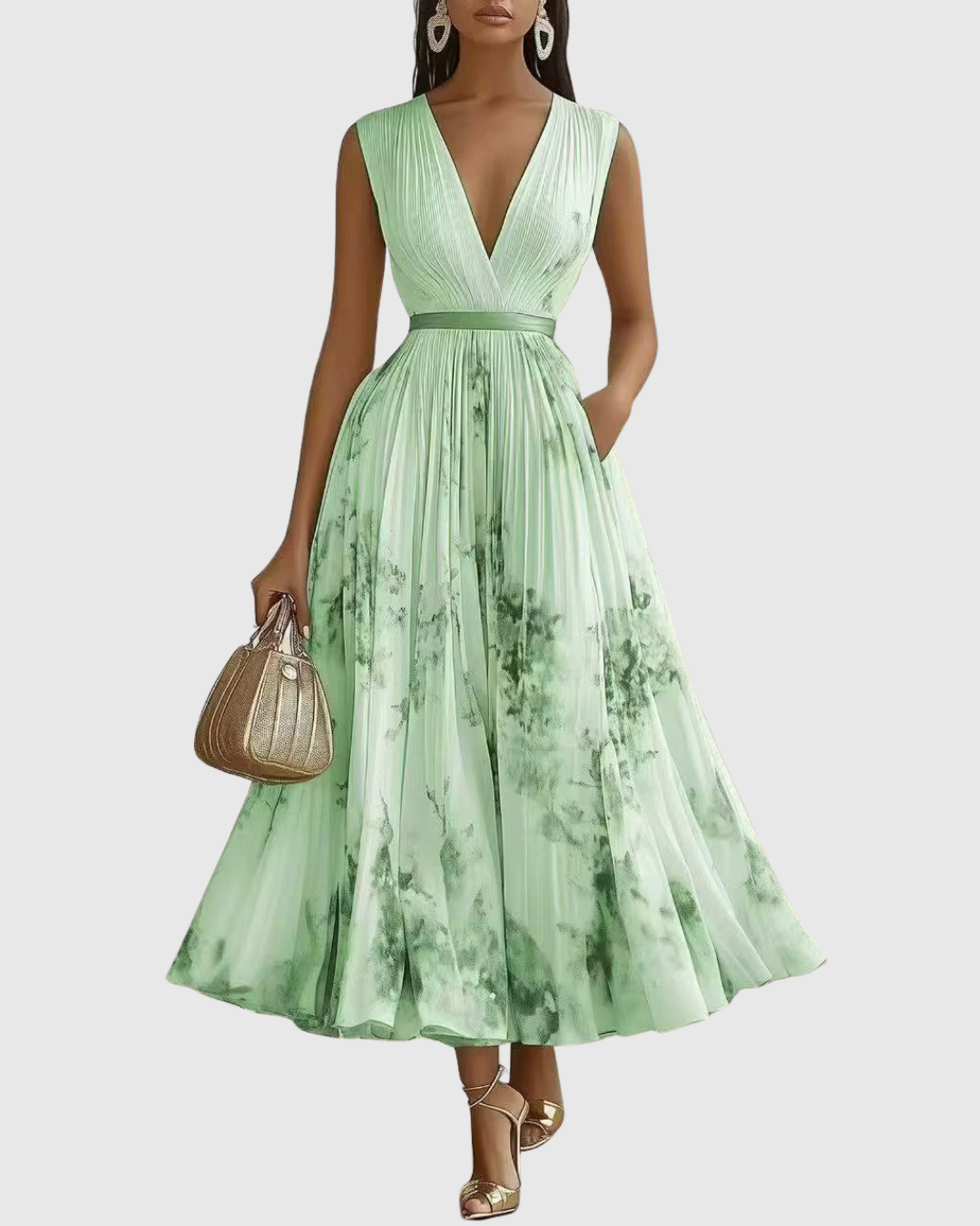 Florelle | Dames Geplooide Midi Jurk Bloemenprint V-Hals