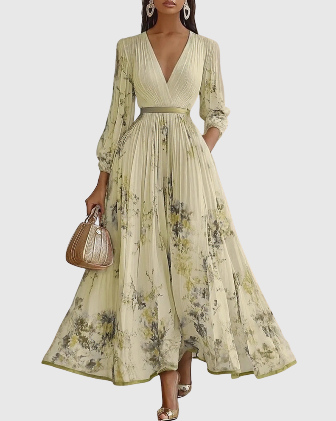 Florelle | Dames Geplooide Midi Jurk Bloemenprint V-Hals