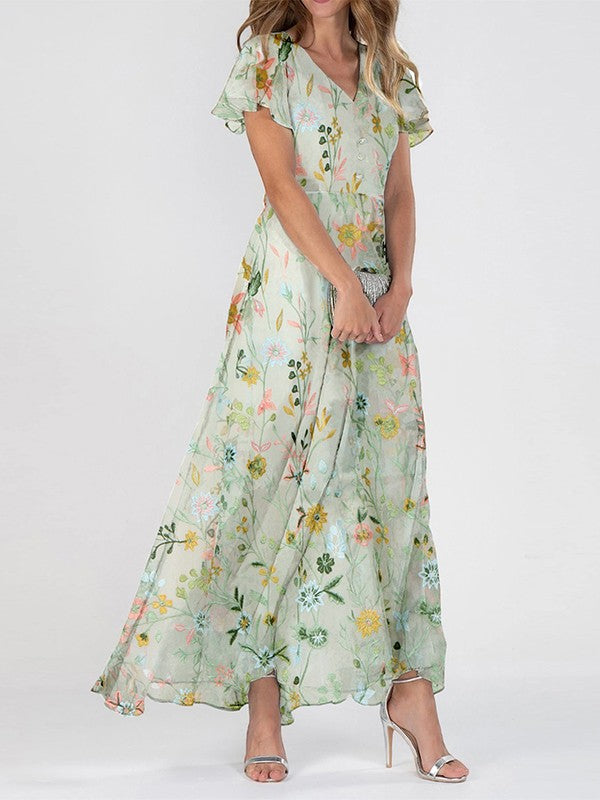 Floris | Dames Maxi Jurk V-Hals Bloemen Zomer Groen 1