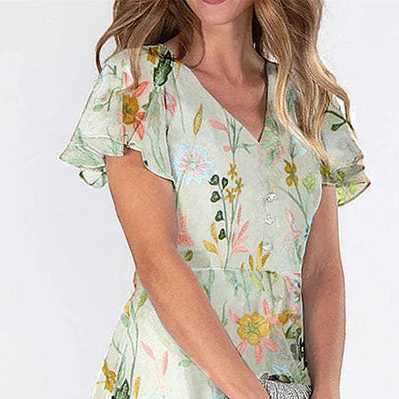 Floris | Dames Maxi Jurk V-Hals Bloemen Zomer Groen 3