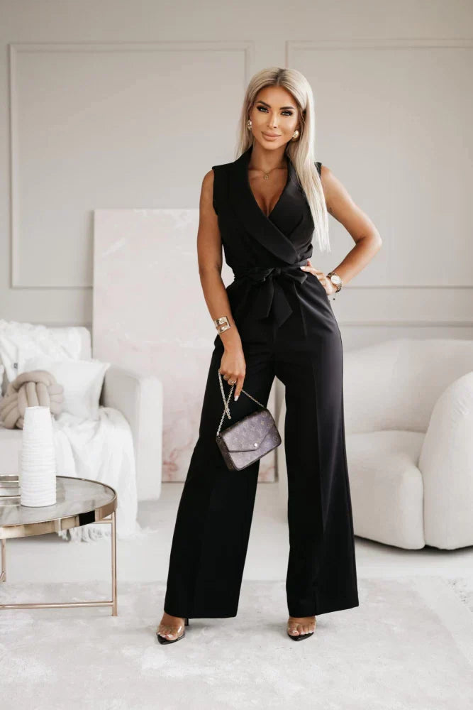 Jade | Dames Jumpsuit Wijde Pijp Mouwloos Revers Kraag Riem 4