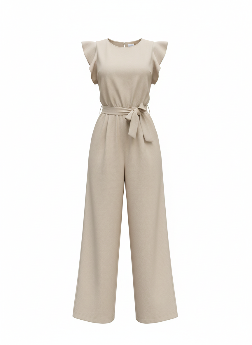 Julia | Dames Jumpsuit Wijde Pijp Ruche Mouw Riem Ronde Hals