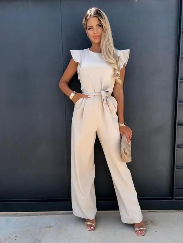 Julia | Dames Jumpsuit Wijde Pijp Ruche Mouw Riem Ronde Hals 1