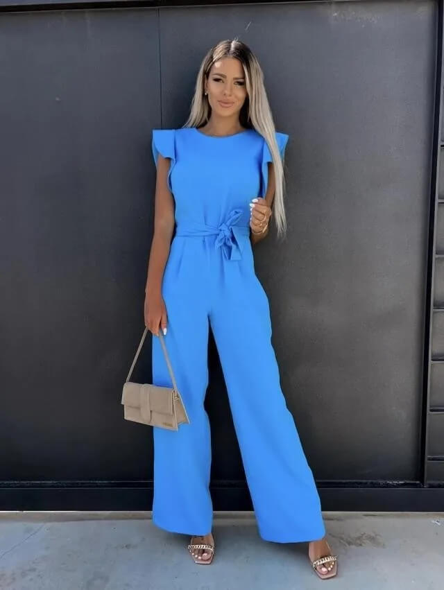 Julia | Dames Jumpsuit Wijde Pijp Ruche Mouw Riem Ronde Hals 10
