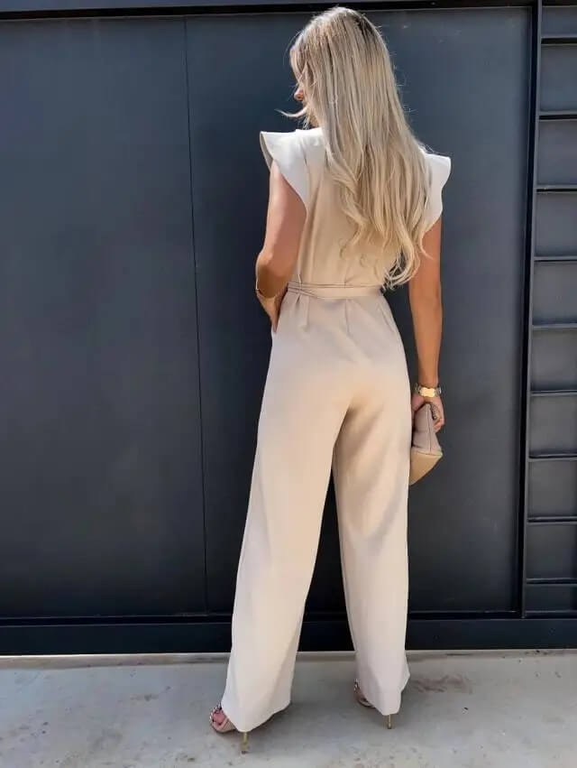 Julia | Dames Jumpsuit Wijde Pijp Ruche Mouw Riem Ronde Hals 2