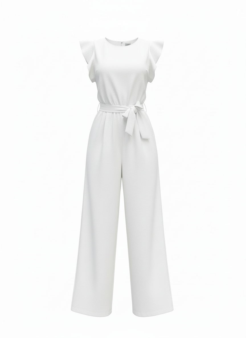 Julia | Dames Jumpsuit Wijde Pijp Ruche Mouw Riem Ronde Hals 3