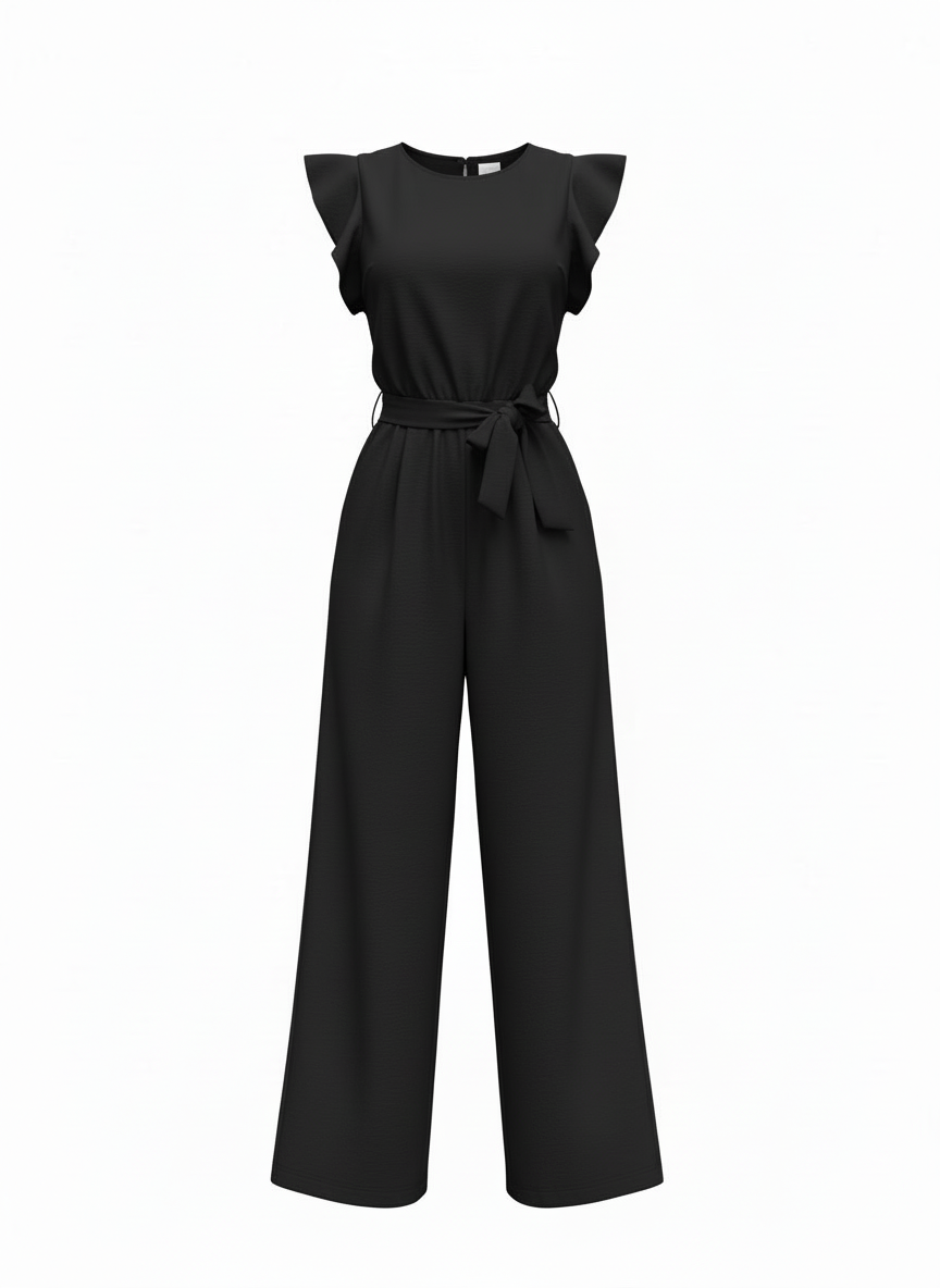 Julia | Dames Jumpsuit Wijde Pijp Ruche Mouw Riem Ronde Hals 5