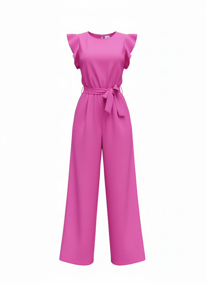 Julia | Dames Jumpsuit Wijde Pijp Ruche Mouw Riem Ronde Hals 7