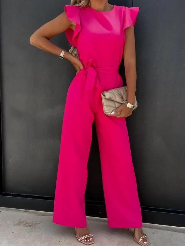 Julia | Dames Jumpsuit Wijde Pijp Ruche Mouw Riem Ronde Hals 8