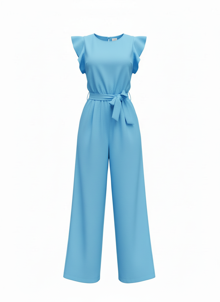 Julia | Dames Jumpsuit Wijde Pijp Ruche Mouw Riem Ronde Hals 9