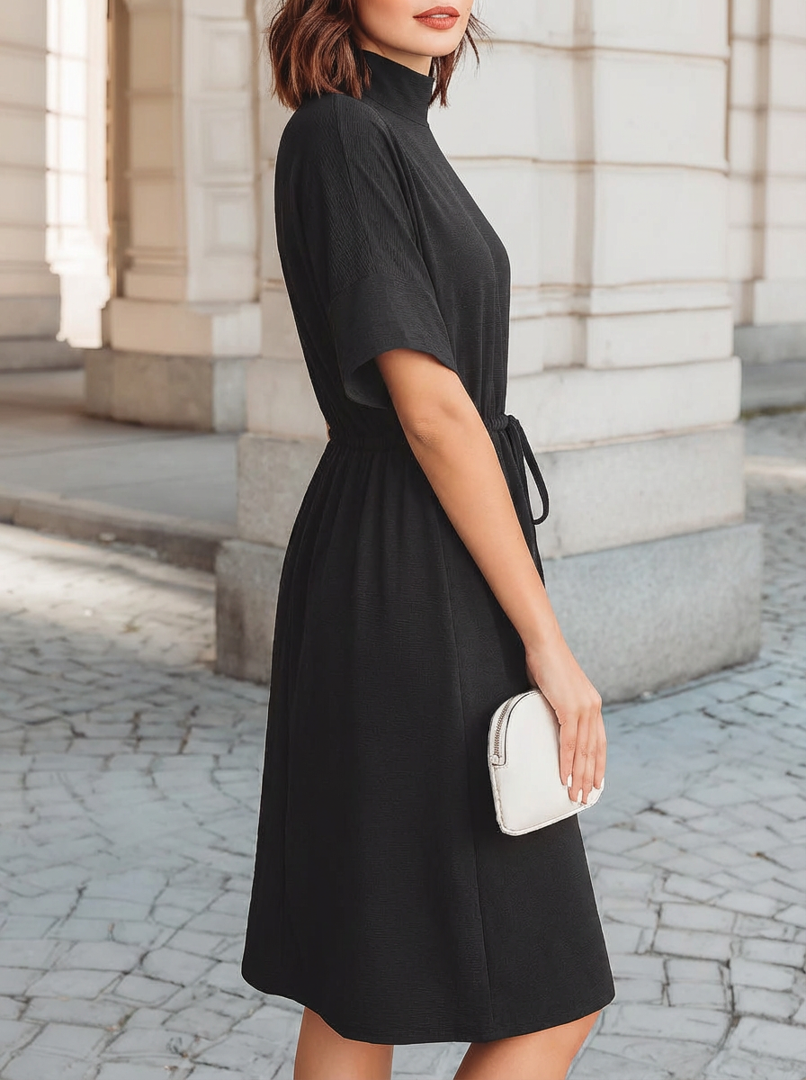 Julia | Dames Oversized Midi Jurk Col Trekkoord Taille Zwart 3
