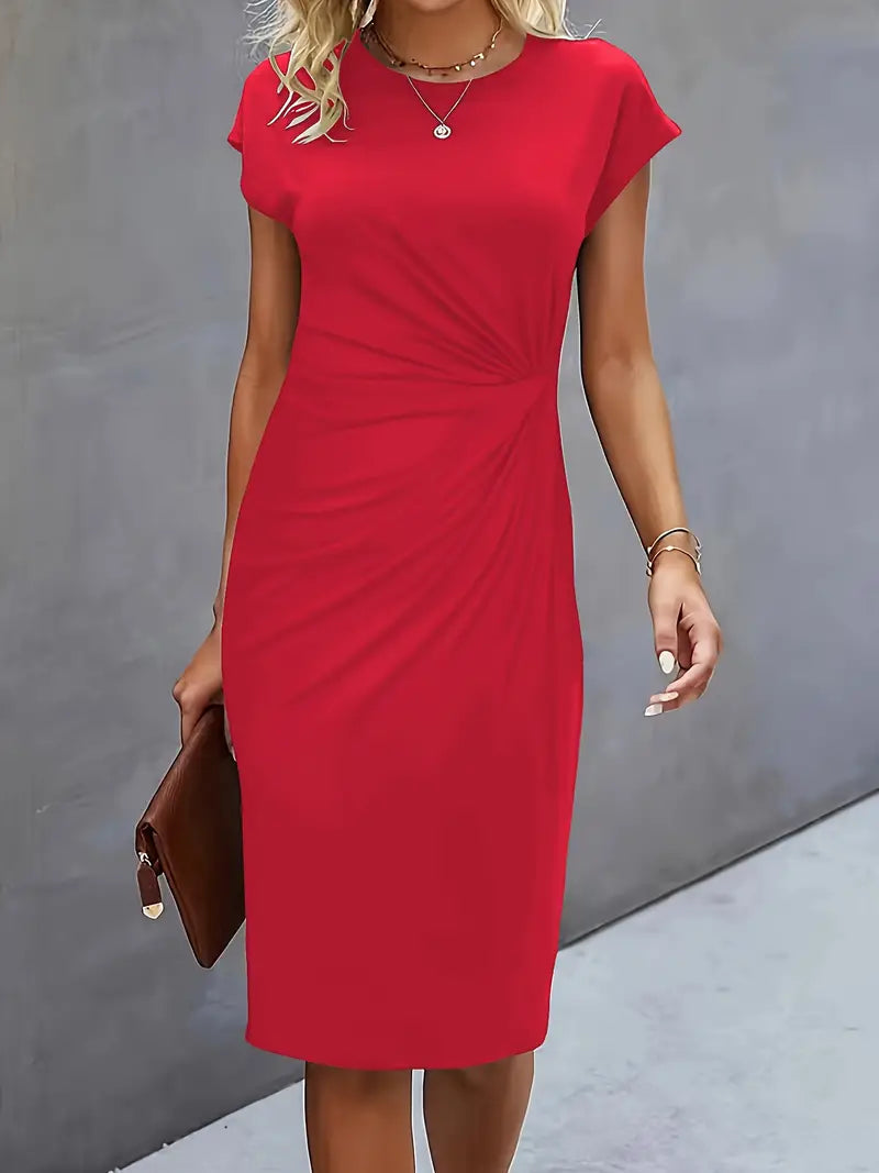 Karen | Dames Bodycon Midi Jurk Gerimpelde Taille Ronde Hals 3