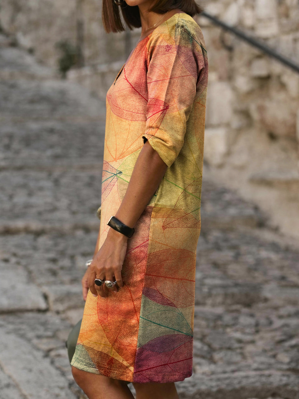 Loavena | Dames V-Hals Halve Mouw Elegant Midi Jurk