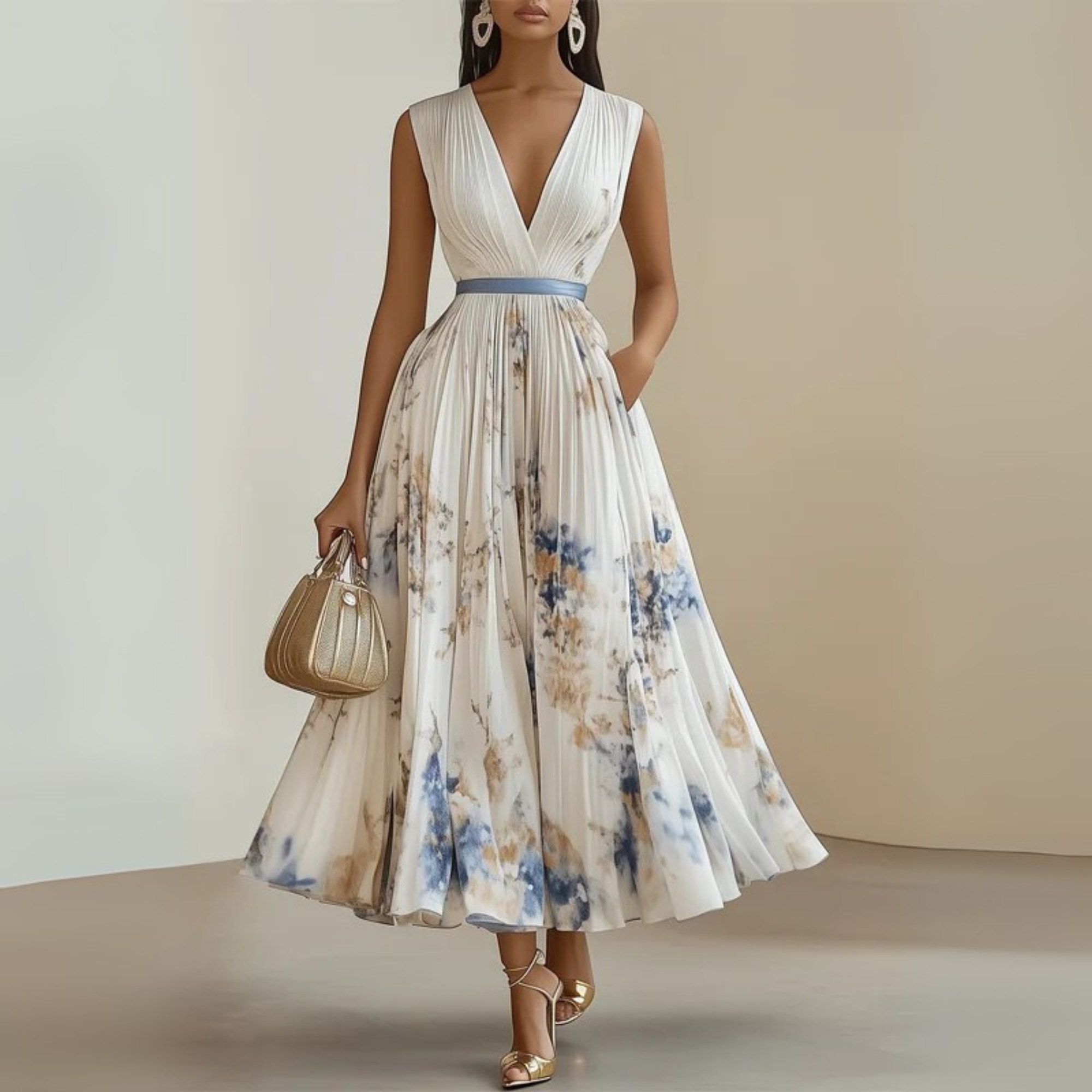 Marenza | Dames Maxi Jurk V-Hals Geplooid Bloemenprint