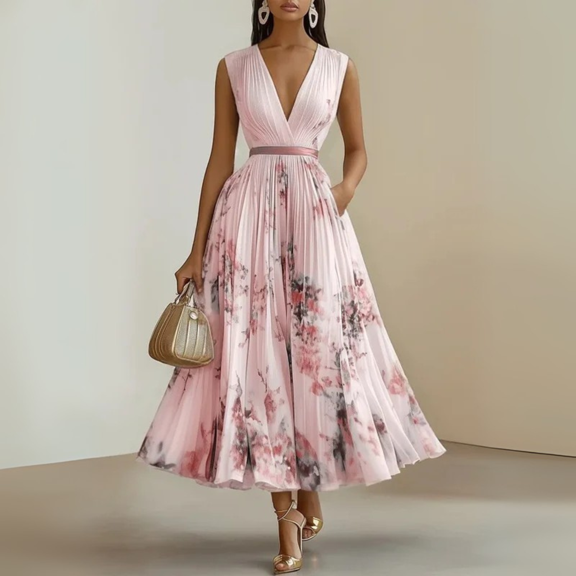 Marenza | Dames Maxi Jurk V-Hals Geplooid Bloemenprint