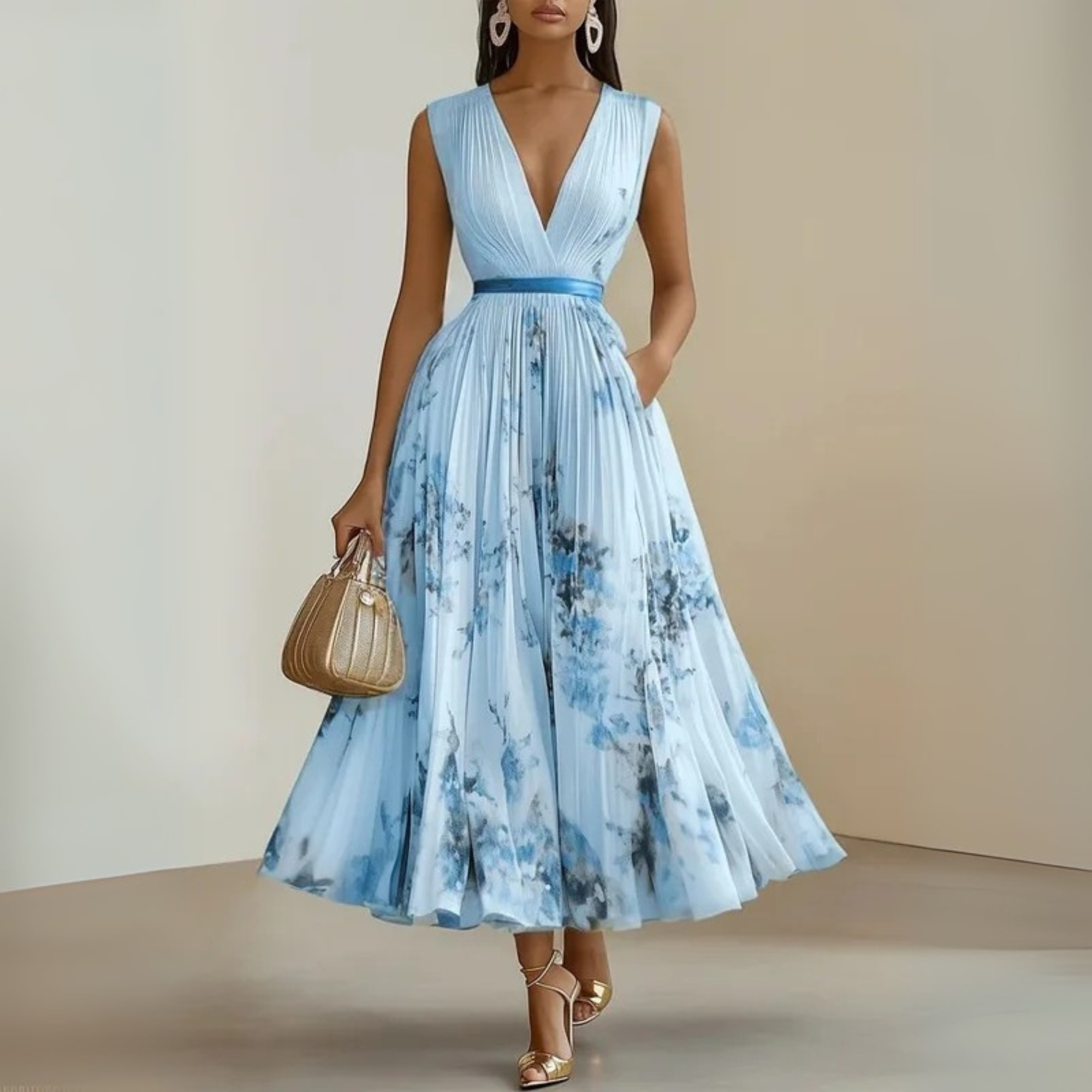 Marenza | Dames Maxi Jurk V-Hals Geplooid Bloemenprint