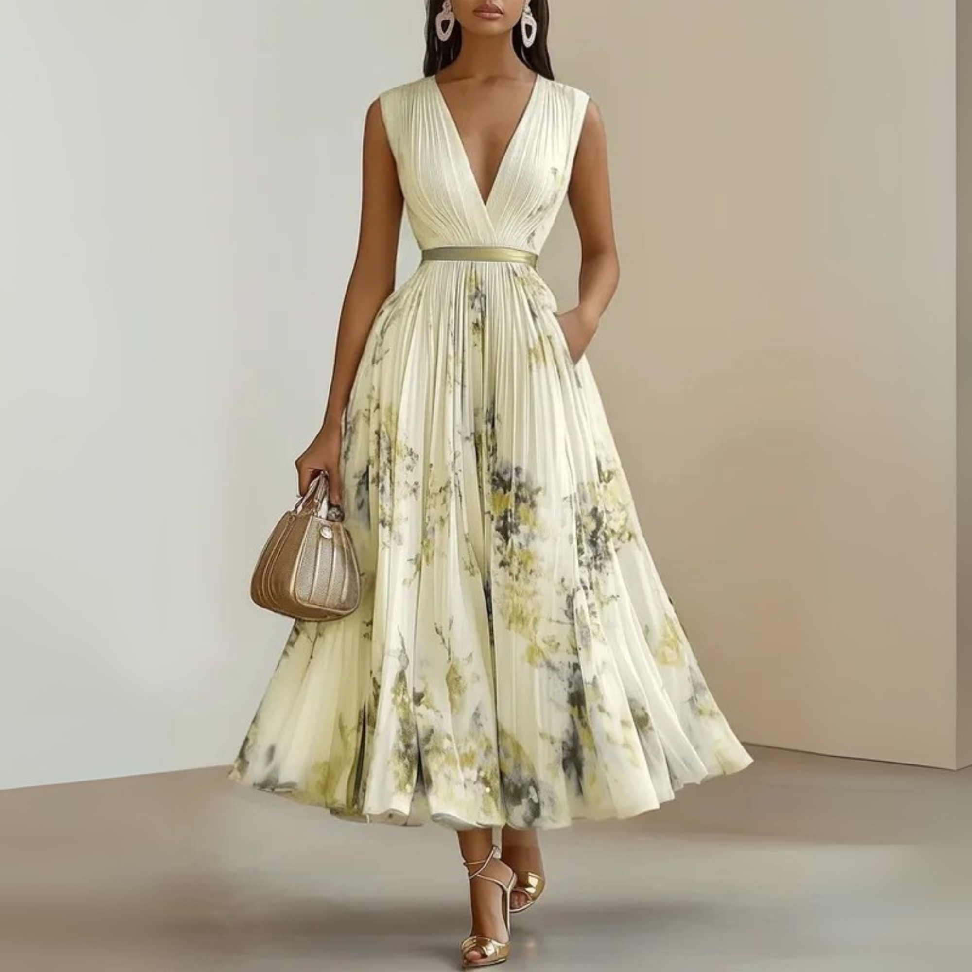 Marenza | Dames Maxi Jurk V-Hals Geplooid Bloemenprint