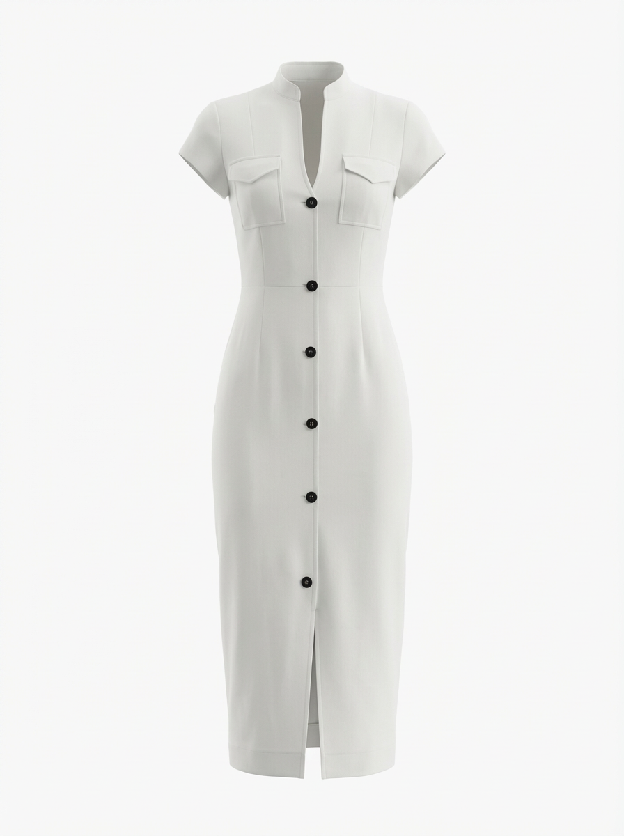 Maya | Dames Bodycon Midi Jurk Staande Kraag Knoopsluiting Wit
