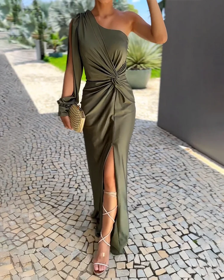 Maya | Dames Maxi Jurk One Shoulder Gedraaid Split Groen 2